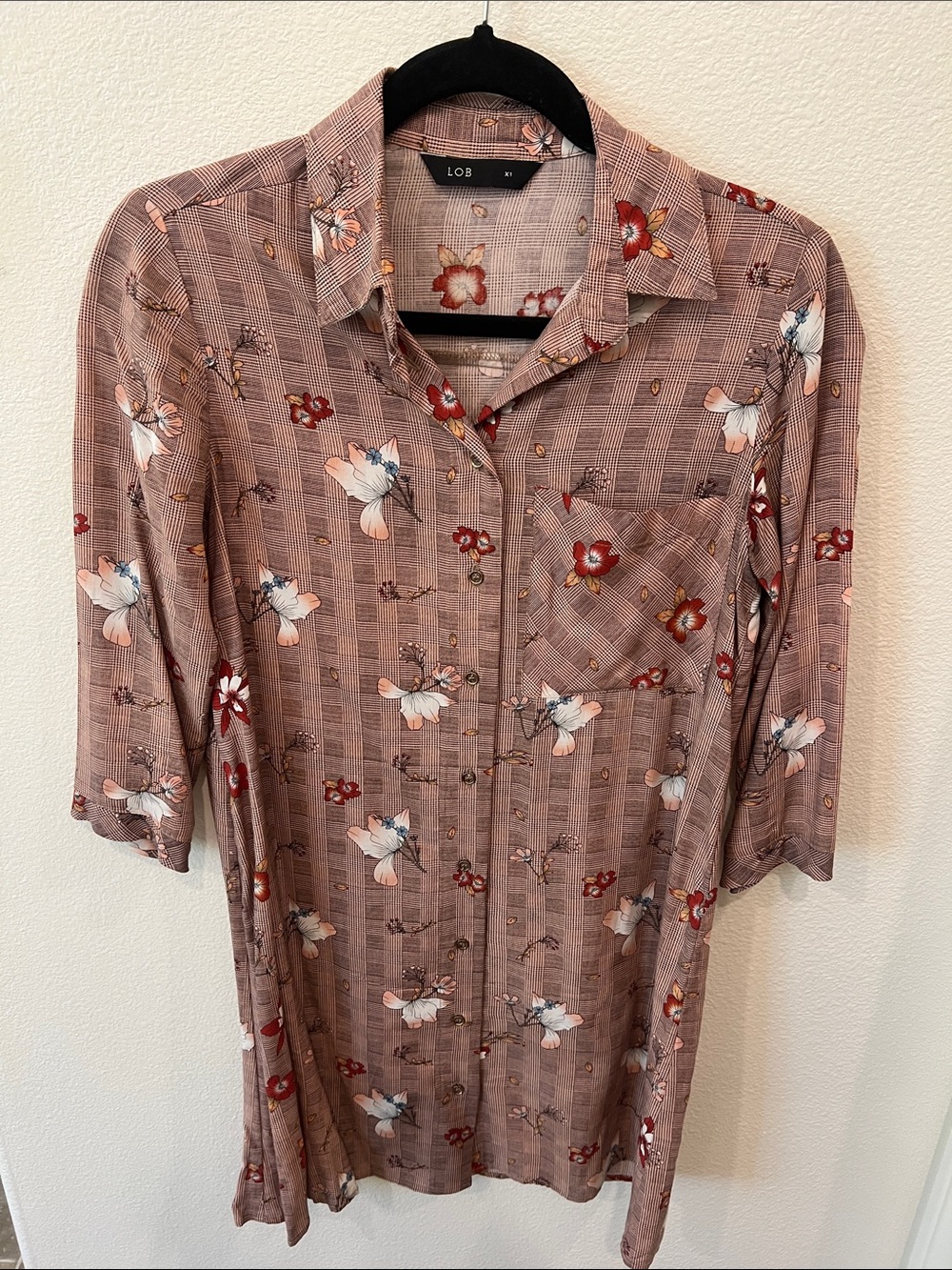 LOB Mauve Floral Button-Front Mini Shirt Dress